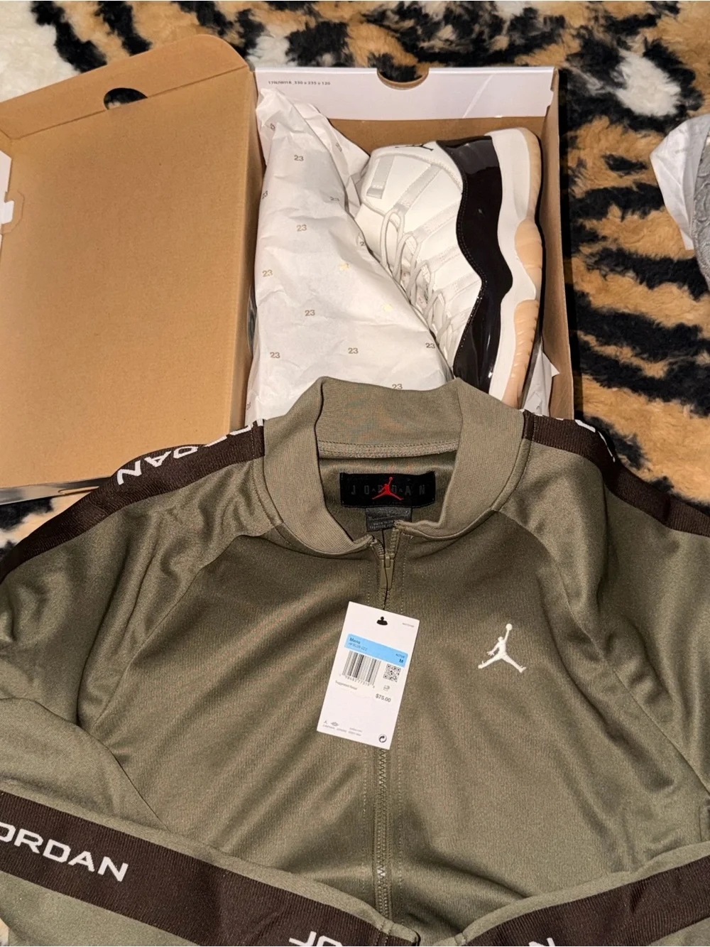 Jordan Men’s Air Jordan 11 Retro - Brown/White & olive Jordan sweater lot of 2